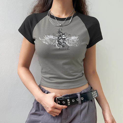2024 Western and European Foreign Trade Y2K Style Hip-Hop American Retro Print T-Shirt Round Neck Short Sleeve Pattern Top