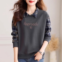 女性用フェイクツーピース刺繍スウェットシャツ、2025年春秋新作、多用途、痩身、カジュアル、ルーズボトムシャツ、ベルベットトップス
