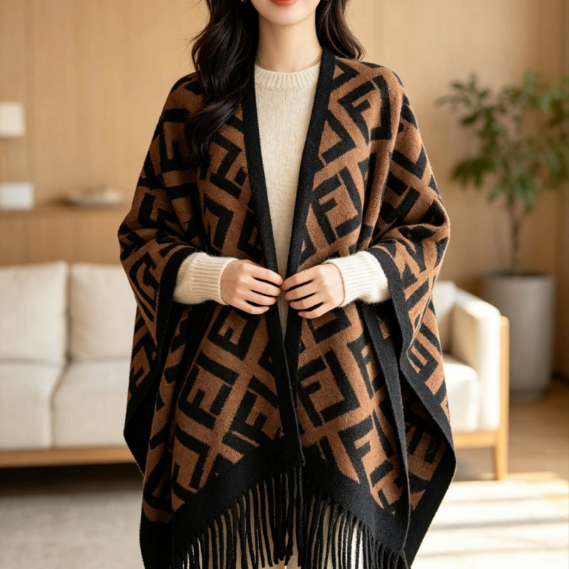 New large cape with F letter design, women's spring and autumn Korean-style long cardigan, blanket-style outerwear with tassels for warmth