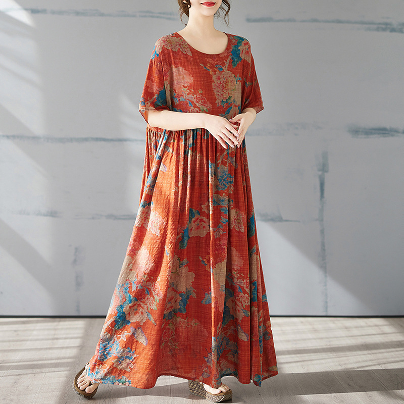 大码女装连衣裙简约复古文艺棉麻夏季新款特大短袖圆领印花长裙