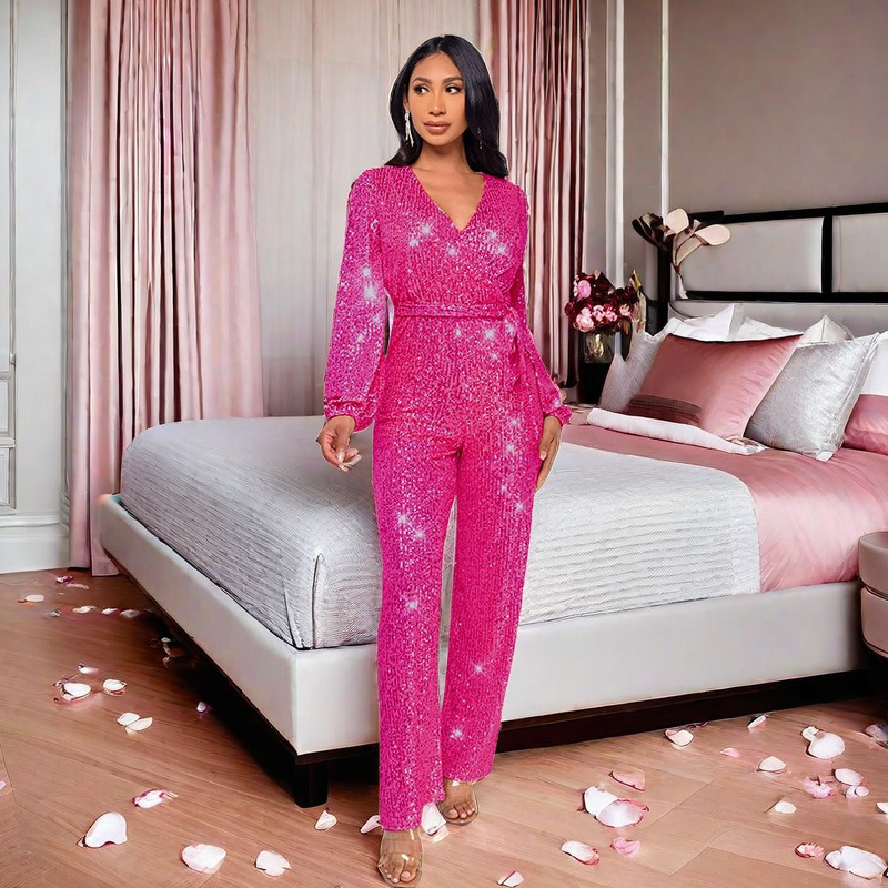 Amazon Cross-Border Deep V-Neck Long-Sleeve Jumpsuit with a Light Luxury and High-End Feel, High-Waisted Wide-Leg Sequin Belt European and American Style Jumpsuit