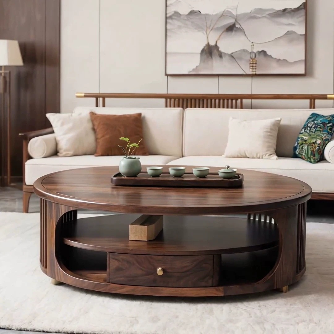 New Chinese-style North American black walnut wood tea table, Zen-inspired oval-shaped small-sized solid wood tea table, coffee table, living room low table
