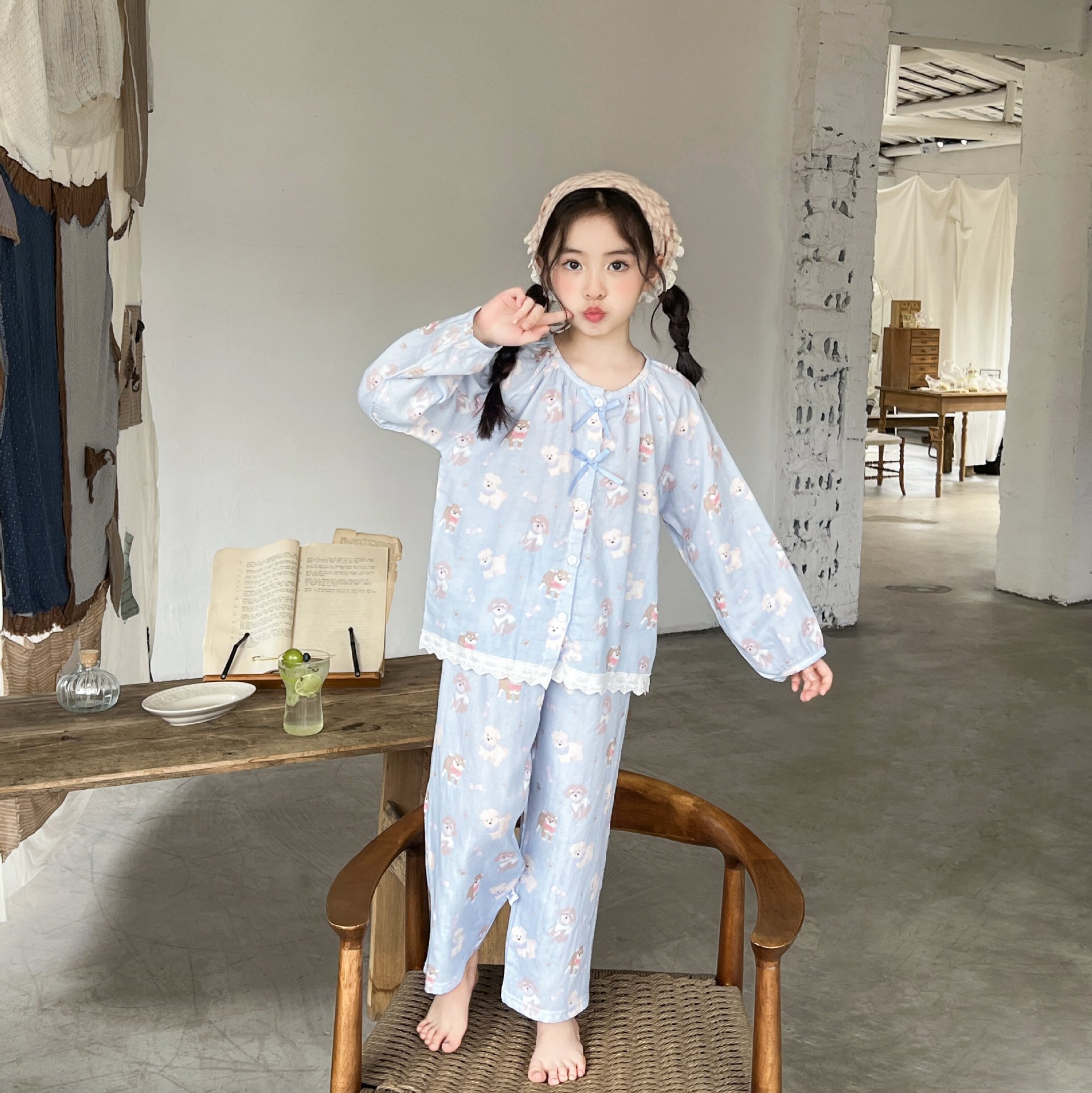 Pure cotton cloud yarn suit mist blue cute dog