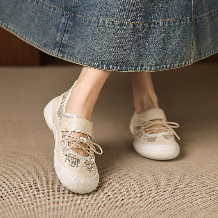 Giày sneaker nữ đế dày ren lưới phối màu cổ thấp — màu trắng ngà chi tiết 41