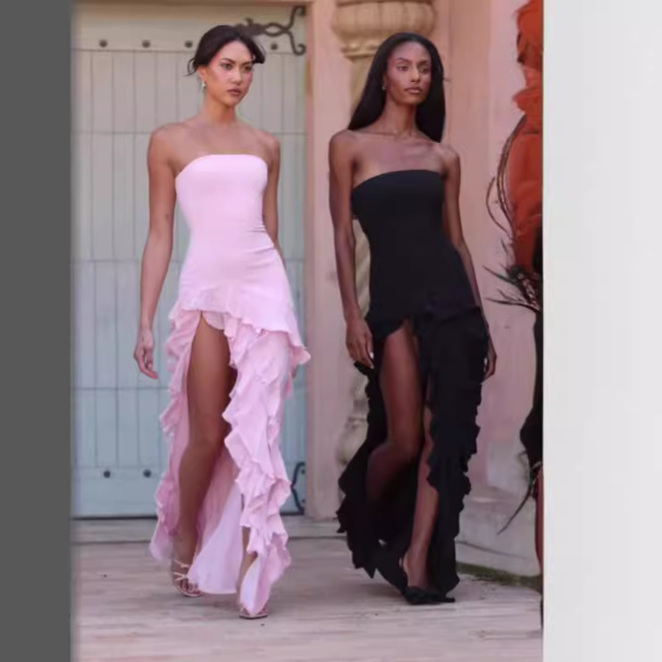 2025 European and American Summer Cross-Border Hot-Selling Sexy Strapless Slim-Fit Ruffled Side-Slit Elegant Evening Dress