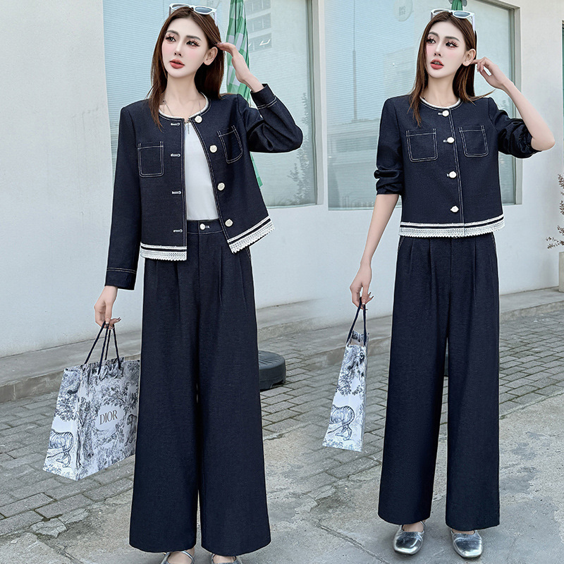 Young and Middle-aged Women's 2025 Spring Denim Two-piece Pants Middle-aged Mother's Long-sleeved Shirt Wide-leg Pants Up and Down suit