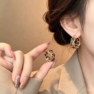 2026新款爆款咖色水晶耳圈轻奢高级感耳扣耳环女气质独特漂亮耳饰