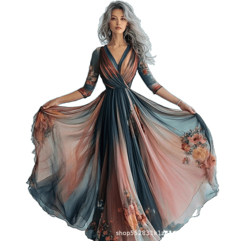 Mesh Long Sleeve Dress, Bohemian Resort Style Big Swing Skirt, Chiffon Dress_ecoleips.com