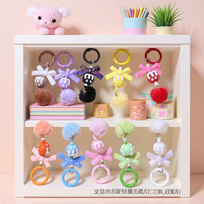 新款创意带龙虾扣毛球手机链串珠diy手工毛球链萌粒挂链钥匙扣