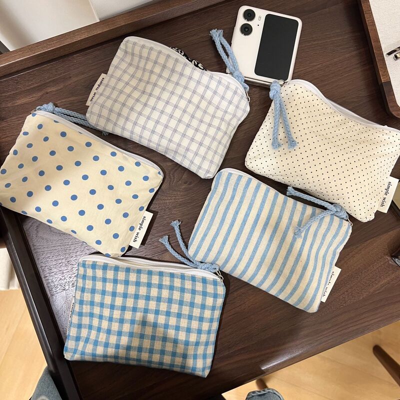 【Su Xi Cloth Bag】Light Blue Polka Dot Striped Plaid Cotton Coin Purse Card Holder Sanitary Napkin Earphone Lipstick Storage 【Su Xi Cloth Bag】Light Blue Polka Dot Striped Plaid Cotton Coin Purse Card Holder Sanitary Napkin Earphone Lipstick Storage