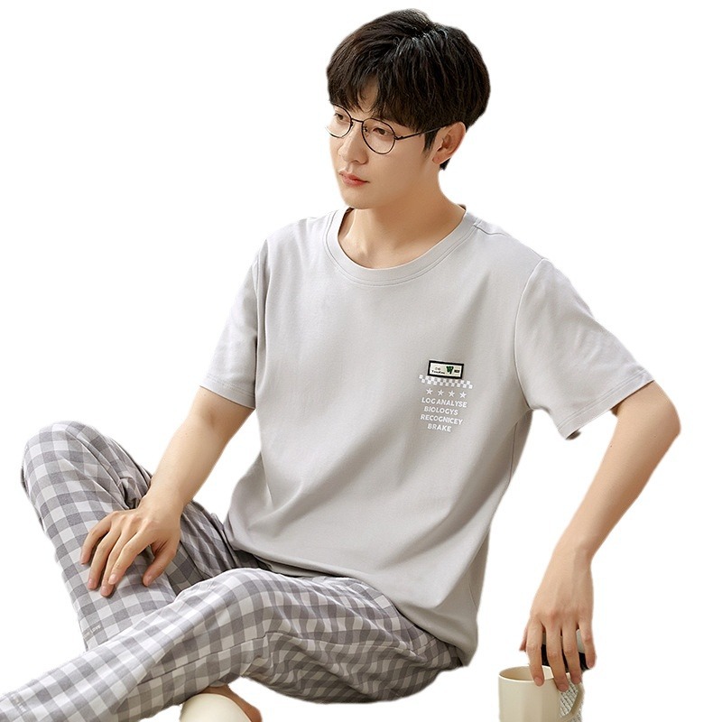 2024 봄과 여름 새로운 잠옷 남자의 순면 홈 옷 짧은 소매 바지 여름 둥근 목 캐주얼 청소년 남성 세트