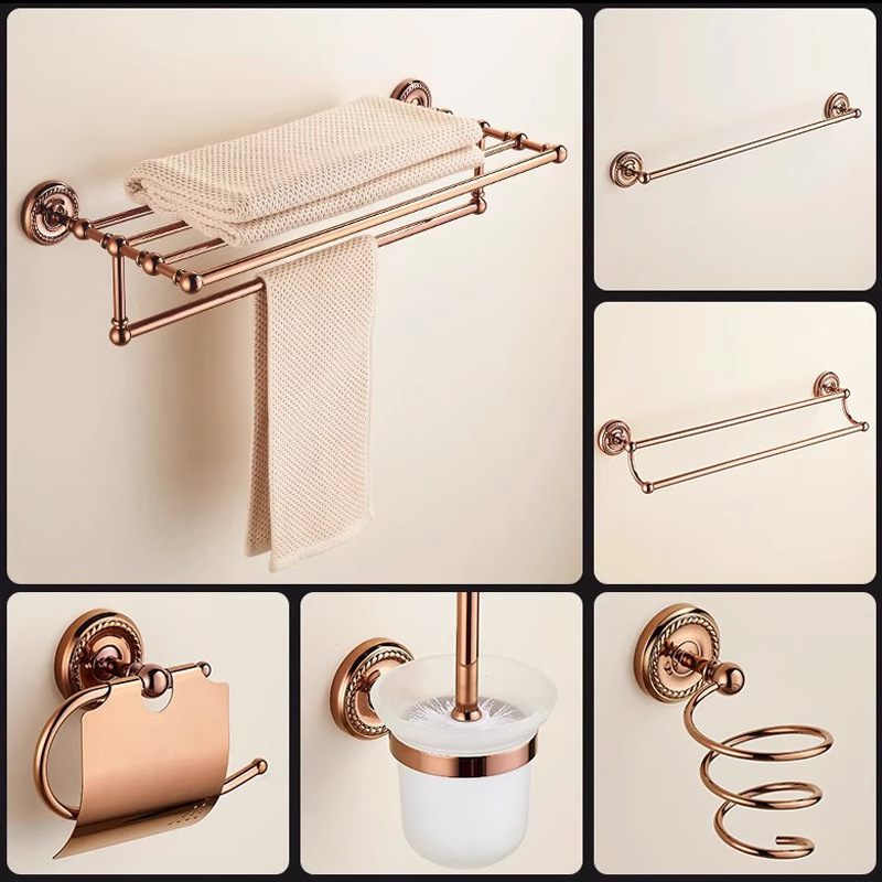 Retro Accessible Luxury Rose Gold Towel Rack Bathroom Toilet Double-Layer Bath Towel Rack Bathroom Hardware Pendant Set Retro Accessible Luxury Rose Gold Towel Rack Bathroom Toilet Double-Layer Bath Towel Rack Bathroom Hardware Pendant Set