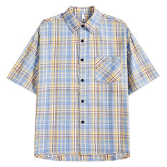 レトロチェック柄シャツボーイズルーズ夏学生カジュアルトップスメンズシャツ