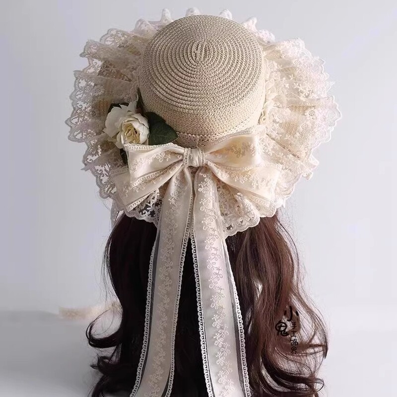 Forest-Style Sun Hat, Pastoral Sweet Lolita Japanese-Style Straw Hat with Lace Bow and Ribbon, Sun Protection Hat, Straw Hat
