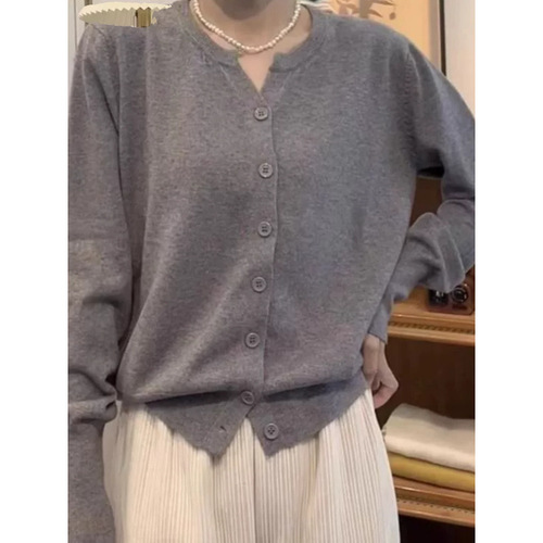 Early Autumn Soft and Chewy Thin Knit Cardigan for Women, Korean Style Round Neck Loose Short Sleeve Outerwear Top