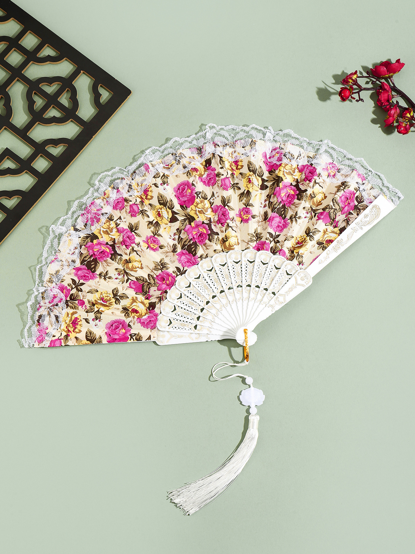 Abanico Plegable de Algodón con Borlas y Encaje para Decoración image 6