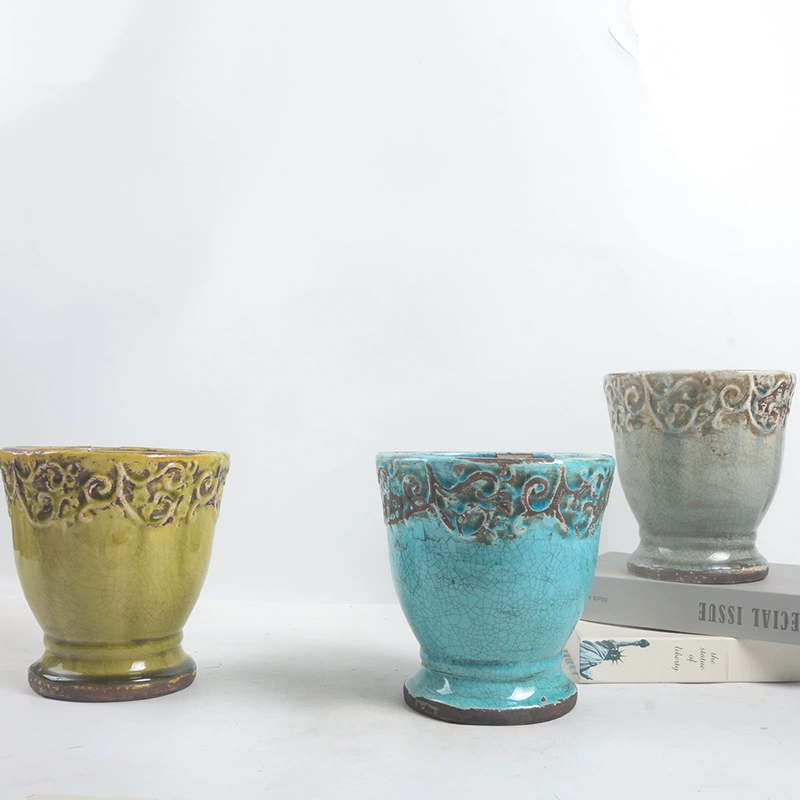 Европейский стиль ретро старый ледяной крекинг глазурь гончарный горшок завод высокая нога трофей цветочный горшок зеленый горшок для растений балкон бытовой керамический цветочный горшок