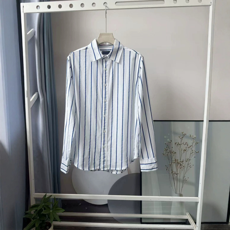American Style Vintage Old Money Style Embroidered Blue and White Striped Linen Polo Collar Long-Sleeve Shirt for Women