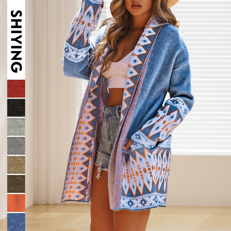 Shiying Cross-Border Geometric Print Cardigan Knitted Jacket for Women Winter New European and American Ethnic Style Mid-Length Cardigan for Women