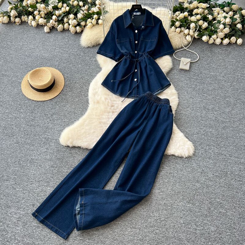 Vintage Spice Girl Style Denim suit Women's Summer Drawstring Polo Collar Shirt Top Loof Waist Wide Leg Slim-fit Trousers Vintage Spice Girl Style Denim suit Women's Summer Drawstring Polo Collar Shirt Top Loof Waist Wide Leg Slim-fit Trousers
