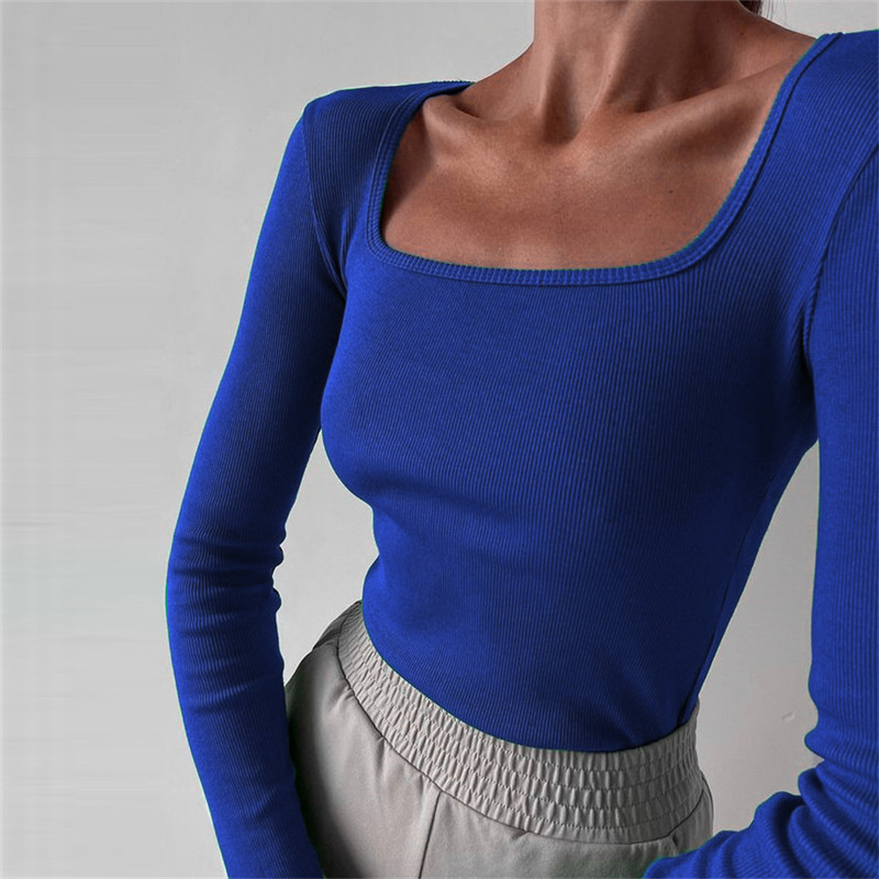 Women's Clothing Ribbed round neck solid color bottoming T shirt for women bright color spring fashion navel baring tight long sleeved short top_voghion.com