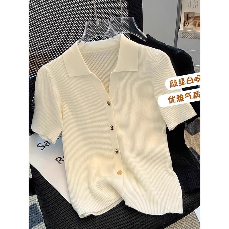 Polo Neck Shoulder Knitted Short-sleeved T-shirt Women's Lapel Summer Slimming Thin Shirt All-match Cardigan A3693