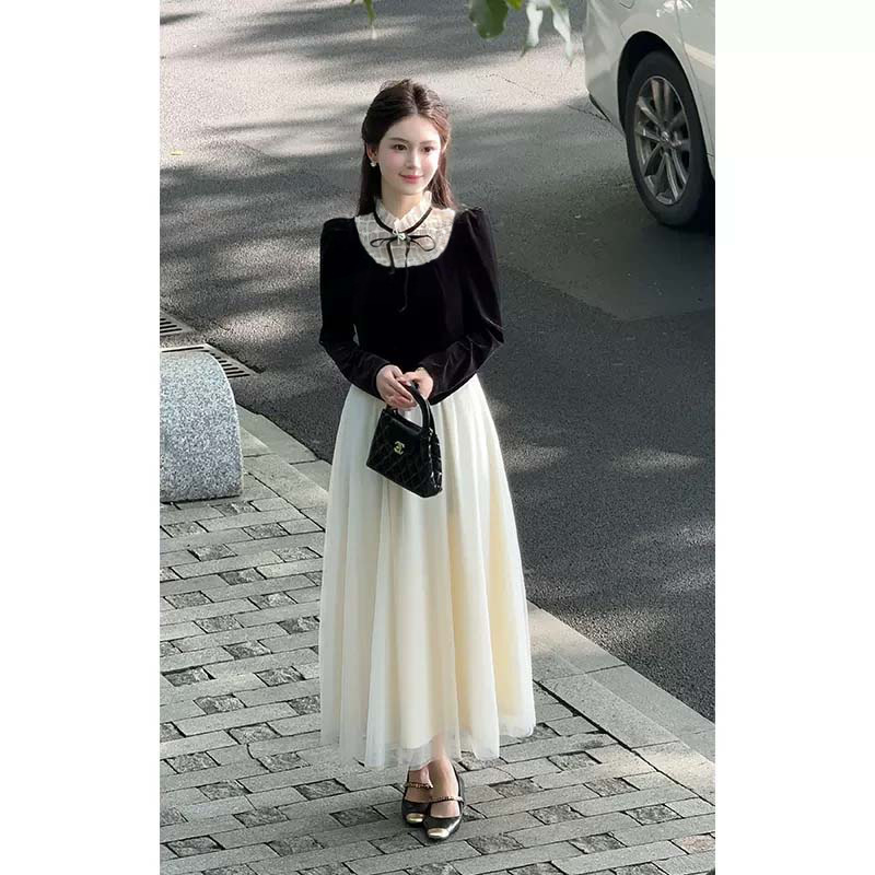2025秋季新款有里布法式复古千金风拼接设计假两件长款纱裙可代发