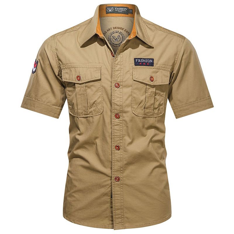 Camisas de mangas cortas de hombre de verano nuevos productos de algodón de mediana edad relajados casuales de color sólido cuello vertical multi-bolsillo chaqueta funcional para hombre