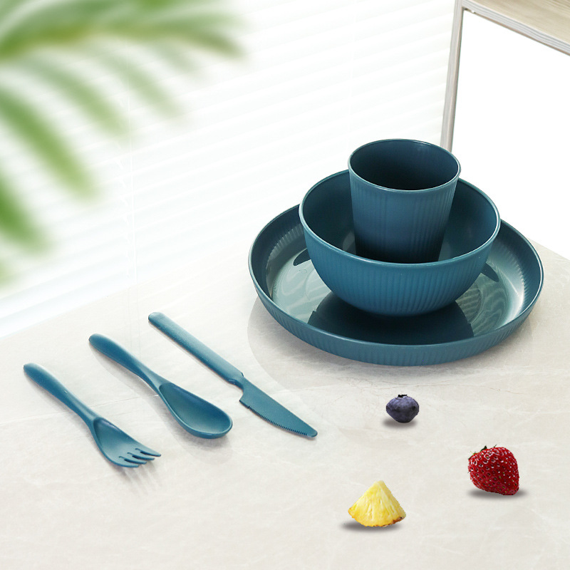 24-piece familia vajilla traje de paja de trigo rayado plato taza tazón de arroz restaurante plato tazón de fideos taza de agua image 15