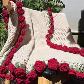 玫瑰花束毯子成品永生花午睡花毯手工编织装饰毯老式毛毯工厂现货