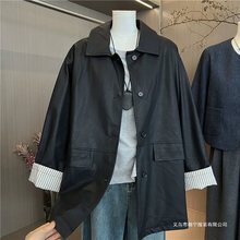 黑色甜酷风皮衣外套女春季新款复古条纹撞色设计感中长款风衣潮