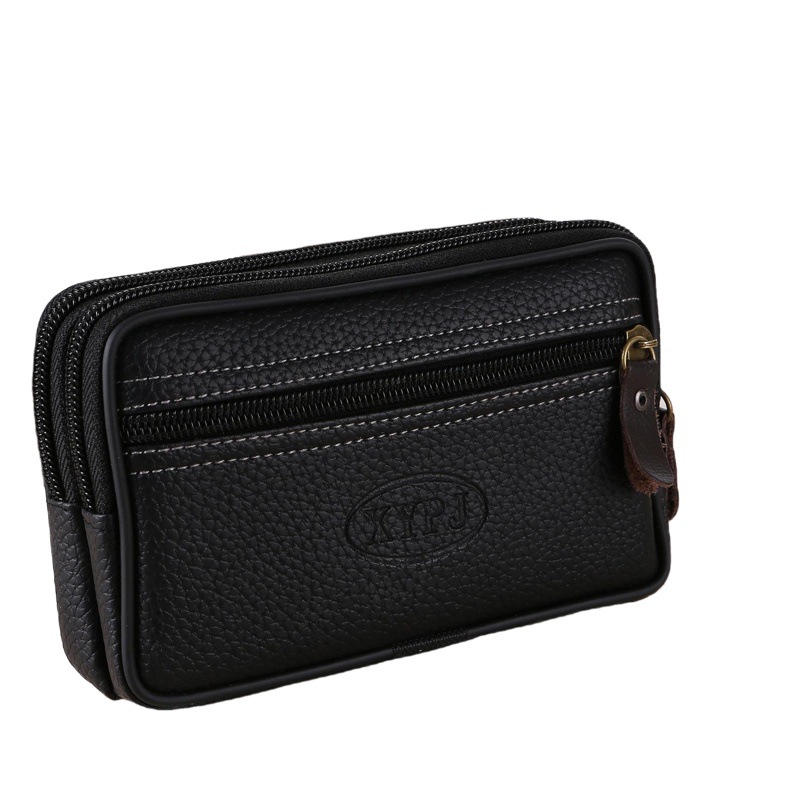 Bolso de cintura de cuero con cremallera de gran espacio para hombres bolso del teléfono móvil bolso de tarjeta de cinturón de cuero suave de doble capa multifuncional 6 pulgadas