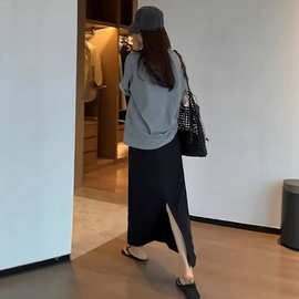 春夏季孕妇托腹垂感后开叉半身裙凉感大码胖mm宽松显瘦中长裙子