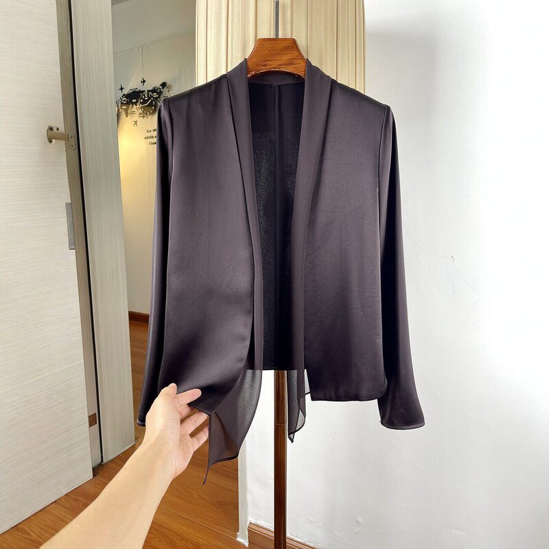 Light Luxury Tie-Neck Acetate Satin Blazer for Women, Summer Thin Style, Elegant Workwear, Office Cardigan, Waist-Cinching Single-Breasted Jacket
