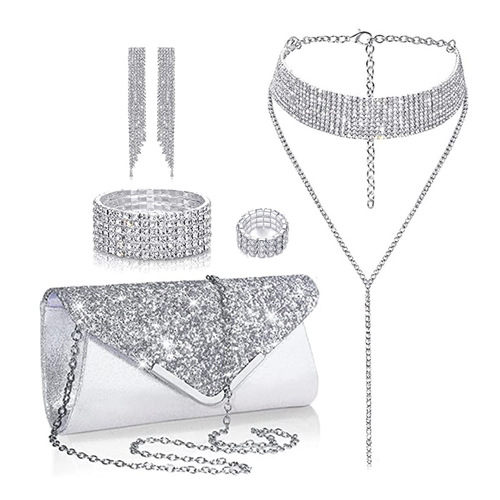 Bridesmaid's diamond bomb ball gown evening bag, full of diamonds claw chain tassel bracelet earrings necklace four-piece set jewelry set 