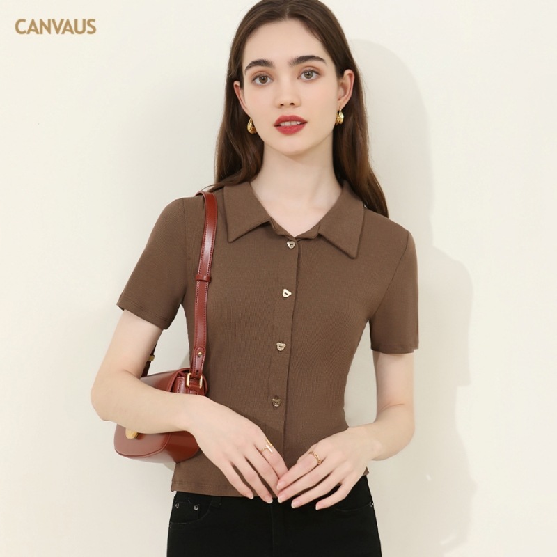 CANVAUS ropa de mujer nuevo color puro simple camisa de polo delgada de manga corta Camiseta de mujer BM estilo solapa adelgazar Top Ahora