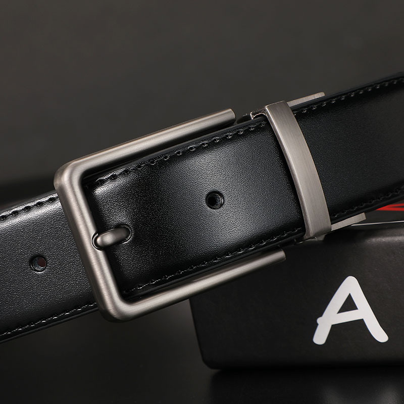 Men's Leather Belt with Pin Buckle, Double-Sided Cowhide Belt for Young Men, Business Jeans Belt, Trendy Youth Style