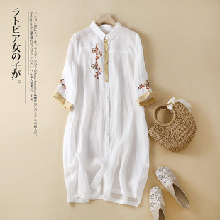 Real shot 2023 new large size women's embroidery color contrast long ethnic style shirt Women