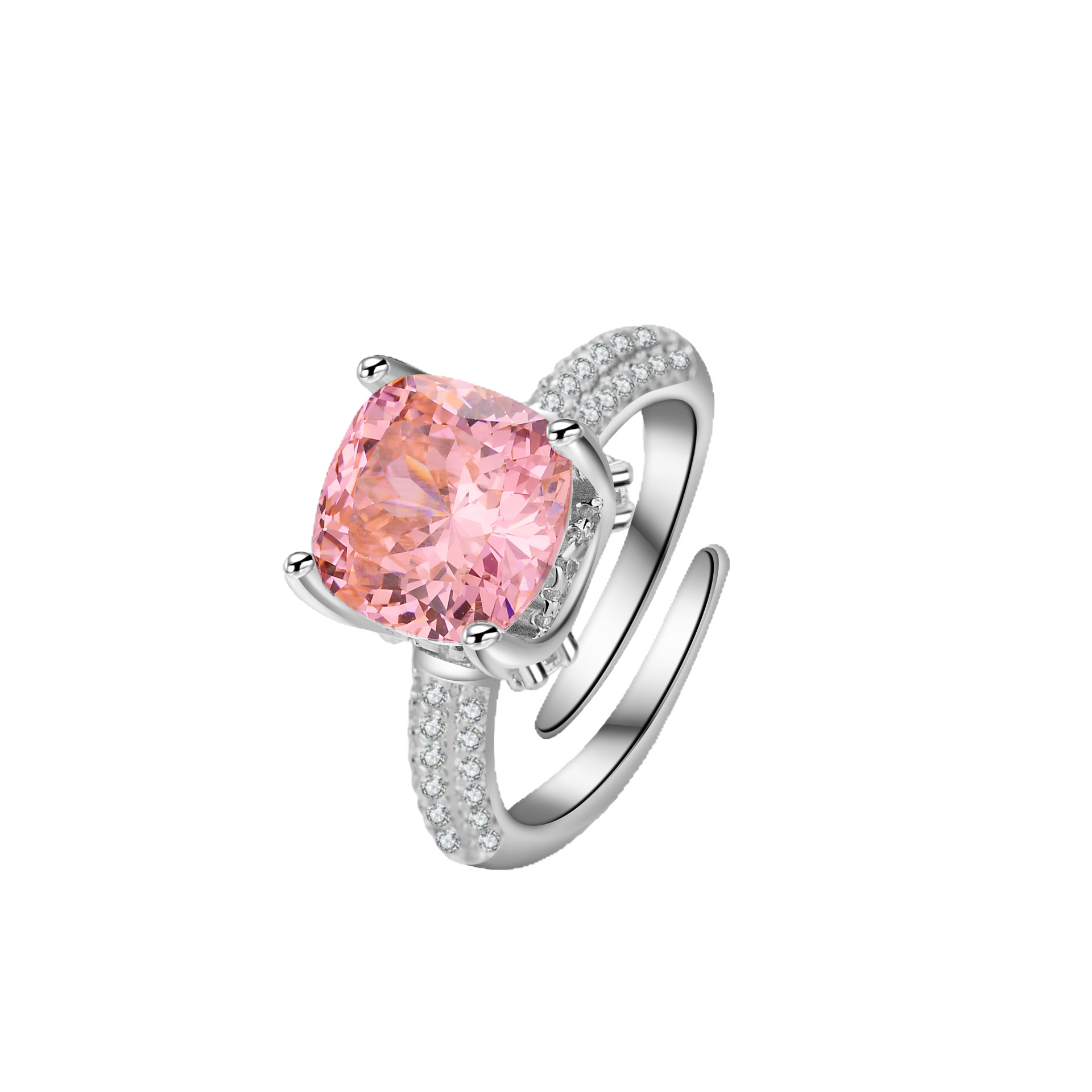 Tiktok Live Ice Flower Cut Pink High Carbon Diamond Ring for Women Radiant Cut Pink Diamond Ring European and American Cross-Border Ring Wholesale