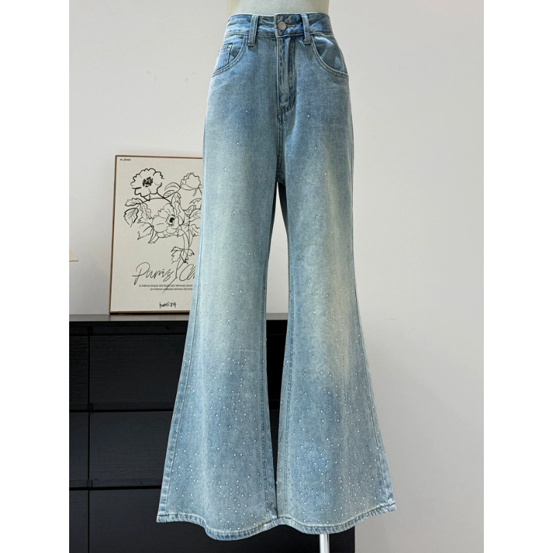 Light Blue Starry Sky Sparkling Rhinestone Flared Jeans for Women 2026 New Spring Loose Straight High-Waisted Bell-Bottom Pants Light Blue Starry Sky Sparkling Rhinestone Flared Jeans for Women 2026 New Spring Loose Straight High-Waisted Bell-Bottom Pants