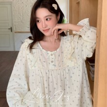 秋季新品纯棉韩版舒适方领南法假日系列长袖长裤居家服女蓝色樱