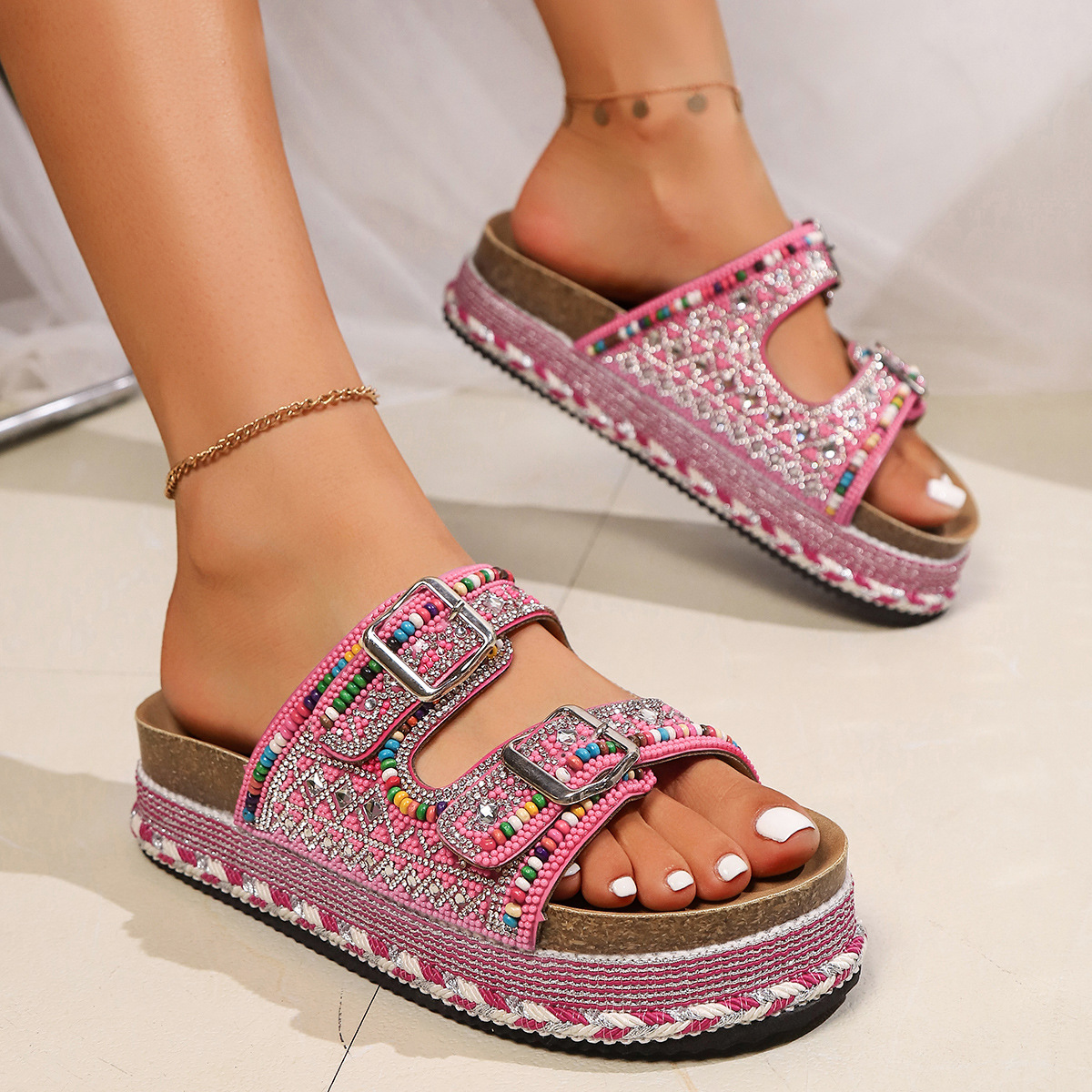 2025夏新款跨境外贸松糕厚底拼色水钻珠子双扣软木一字拖鞋大码女