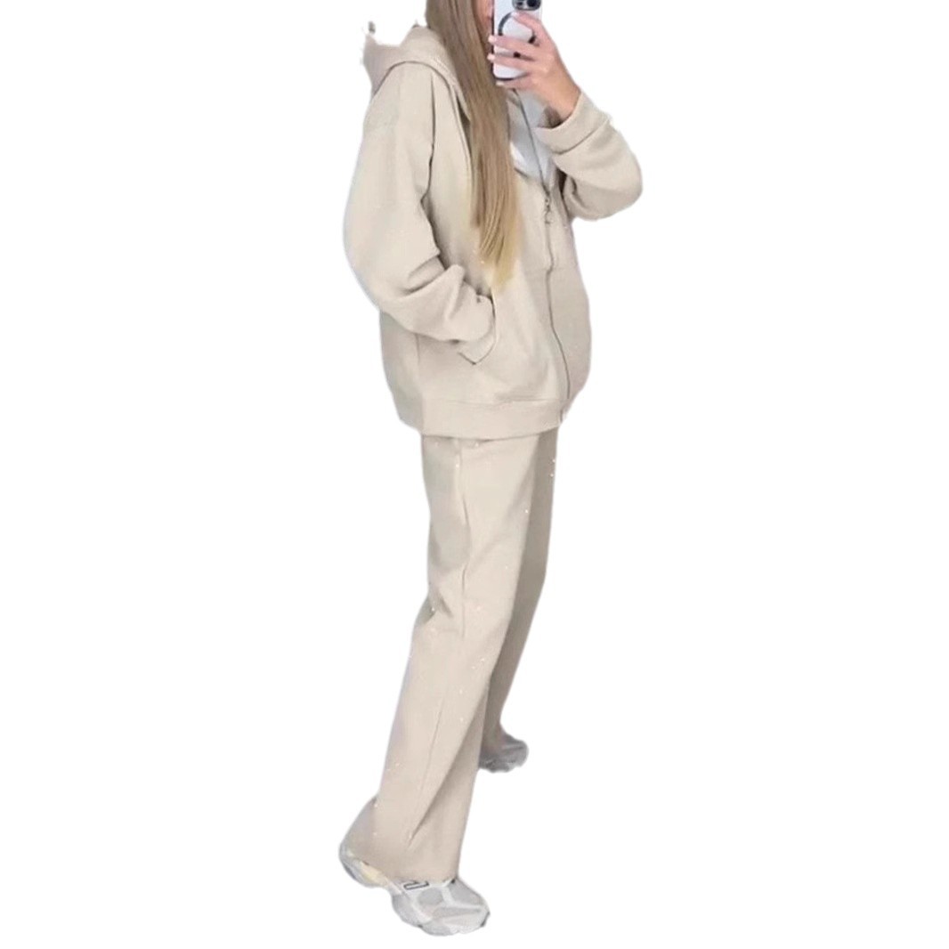 Damenbekleidung Sportanzüge Herbst und Winter mit Reißverschluss Lazy Style Lässiges Kapuzenpullover mit Rauten-Hose mit weitem Bein Zweiteiliger Anzug_voghion.com