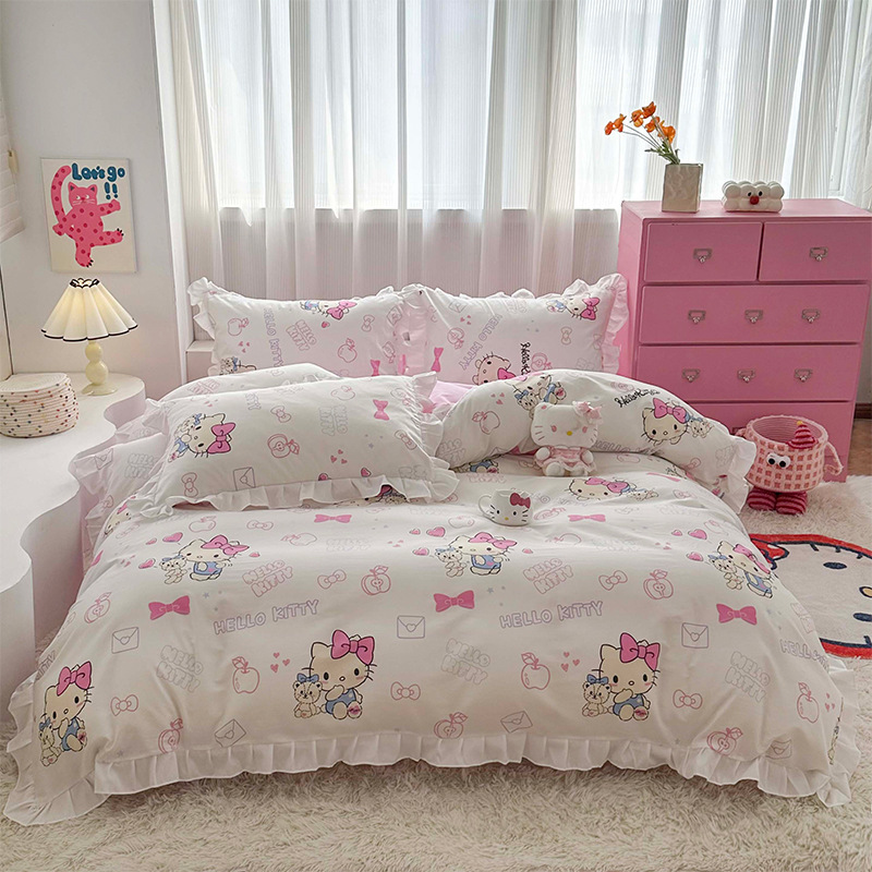 三丽鸥纯棉花边款四件套全棉公主风卡通HelloKitty床单被套床裙款|undefined