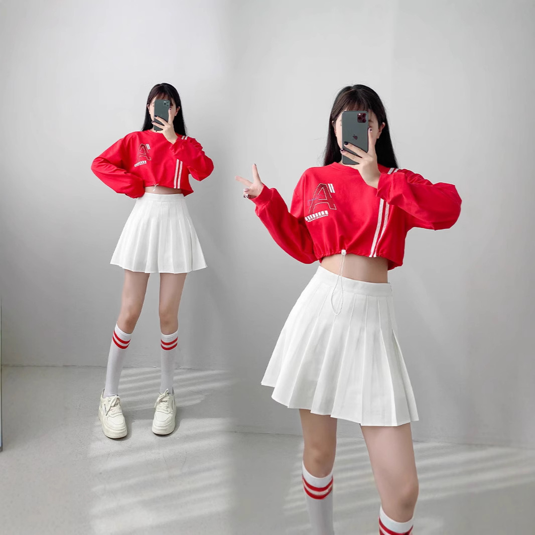 2024新款Jazz辣妹白色JK百褶裙套装露脐走秀表演出服嘻哈舞蹈潮服