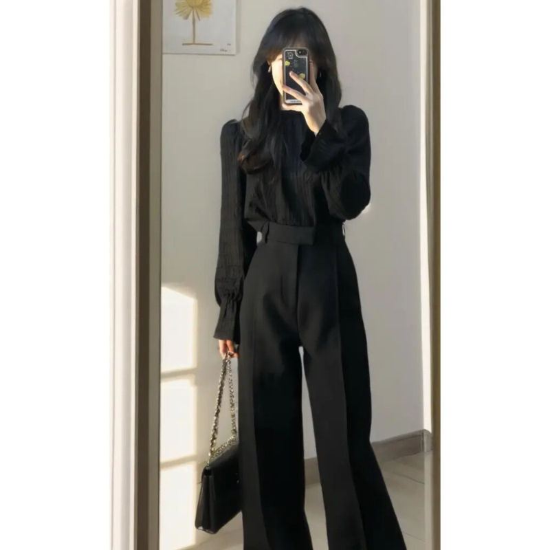 GraceChic - Completo autunnale per donna 2025, nuovo, elegante e alla moda, composto da due pezzi, camicia nera e pantaloni da abito di alta qualità_voghion.com