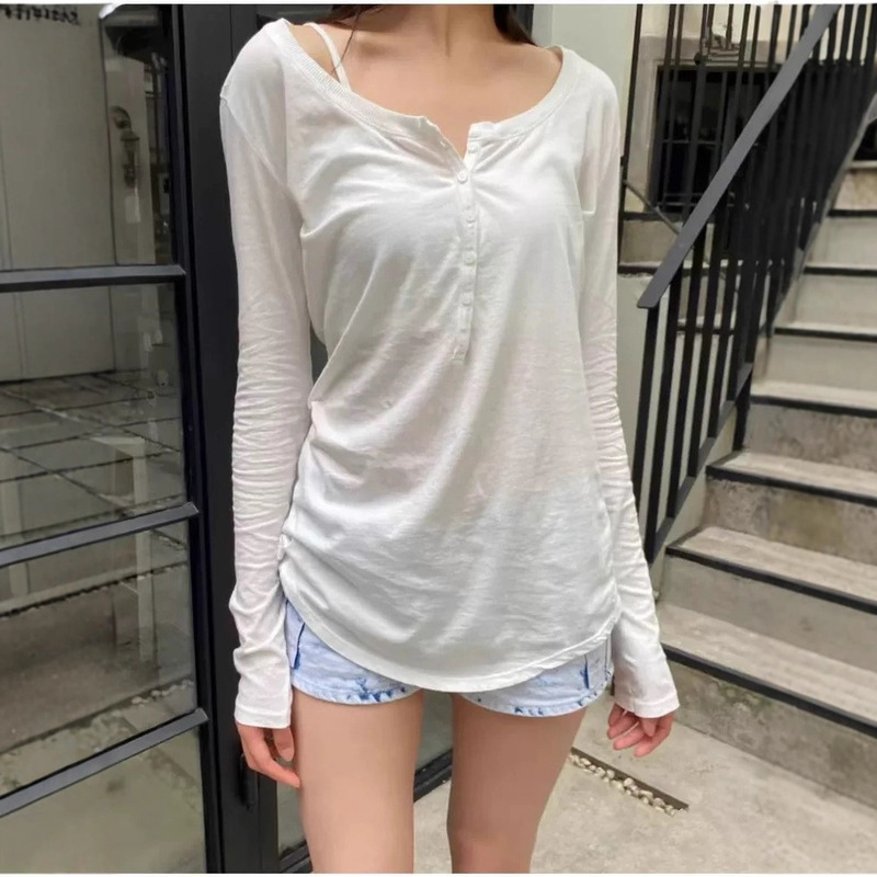 Bm Style American Round Neck Six-Button Henry Long-Sleeved T-Shirt Women's Bm Slim Slimming Look Bottoming Top Trendy