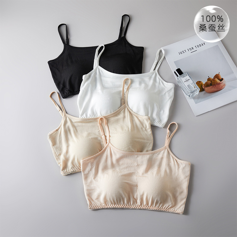 6A high quality 100% mulberry silk camisole tube top anti-exposure non-bump real ribbon chest pad small vest wrapped chest