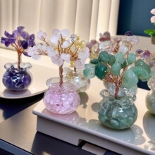 天然黄紫粉水晶水晶碎石发财树手工编织家居车载迷你水晶树小摆件