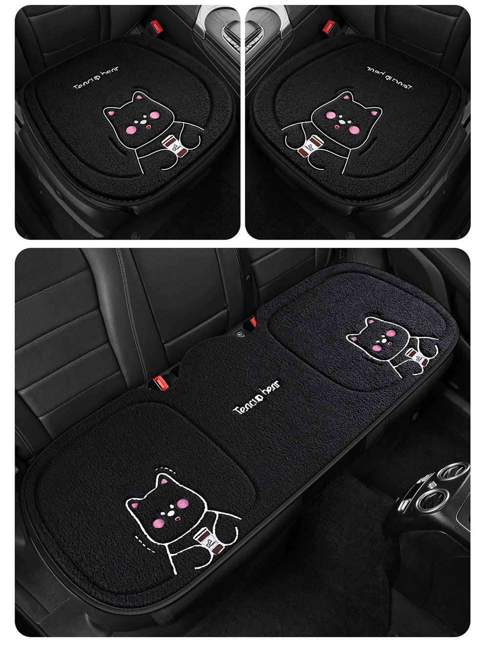 Wholesale New Four-Season Universal Car Seat Cushion Non-Slip Wear-Resistant Short Plush Cartoon Bear Three-Piece Set Factory Direct Sale